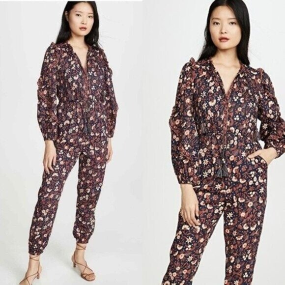 Ulla Johnson Delphine Jumpsuit 4 Midnight Floral Tassel Tie Ruffle Keyhole - Picture 1 of 16